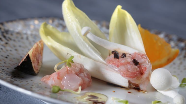 Recette : Tendre feuille d'endive, langoustine, parfum cacao café - TerreAzur
