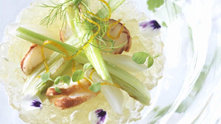 Recette : Gelée tremblotante fenouil'orange, herbes potagères, chips de homard au naturel - TerreAzur