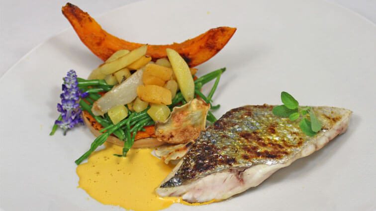 Recette : Bar à la plancha, poêlée de légumes d'autrefois, crème carotte-orange - TerreAzur
