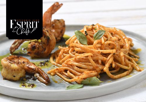 Recette : Linguine al vongolle tomate et basilic, gambas croustillantes aux épices - EpiSaveurs