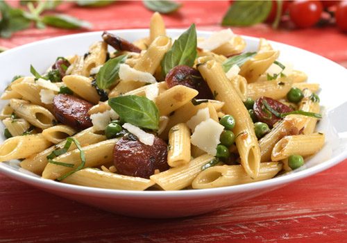Recette : Penne sans gluten, petit pois et chorizo - EpiSaveurs