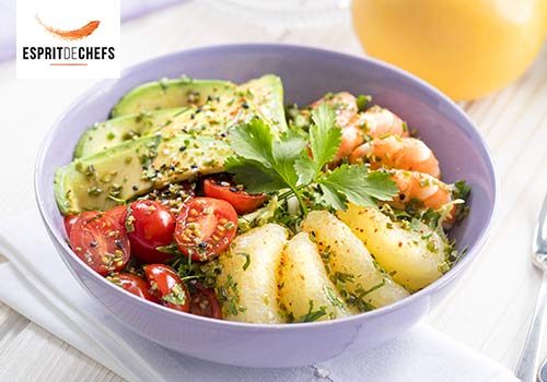 Recette : Salade d’agrume, crevettes et avocats, sauce au vinaigre à la mûre et aux myrtilles - EpiSaveurs