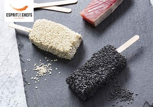 Recette : Thon mi-cuit façon bâtonnet d’esquimaux (vanille/sésame blanc ; chocolat/sésame noir) avec bâton à glace - EpiSaveurs