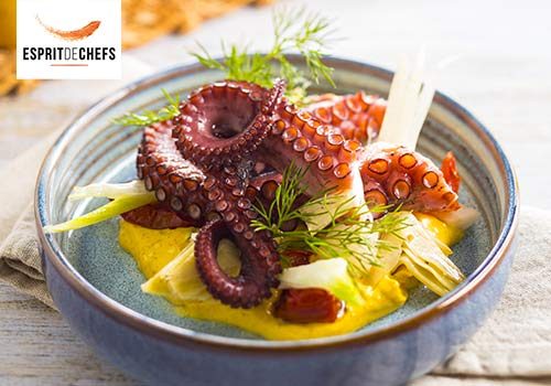 Recette : Poulpe aïoli de curry breton, poêlée de cœur de fenouil, artichaut, tomate confite - EpiSaveurs