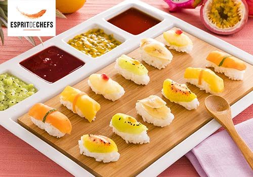 Recette : Sushi de fruits exotique sauce framboise et vinaigre à la pomme - EpiSaveurs