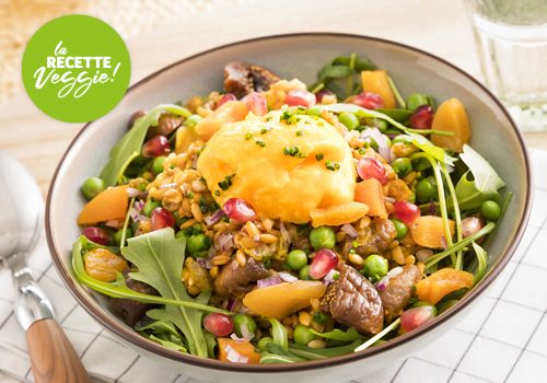 Recette : Salade de farro aux fruits sec et légumes rotis. Condiment à l'orange et carotte. - EpiSaveurs
