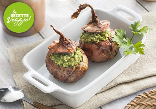 Recette : Oignon de Roscoff rôti et farci au risotto verdurette - EpiSaveurs