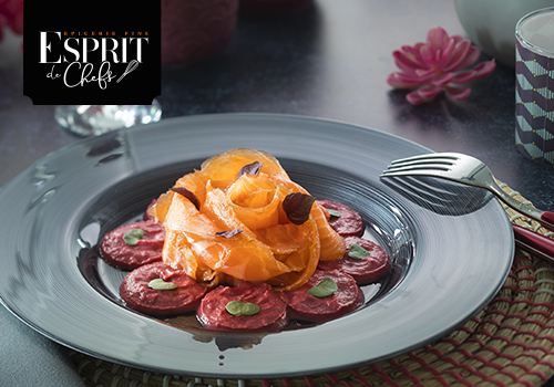 Recette : Saumon Mariné au sel fumé et houmous de betterave acidulé - EpiSaveurs