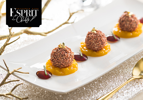 Recette : Sphère de foie gras et graine de sésame a la prune, chutney de mangue et vinaigre grenade - EpiSaveurs